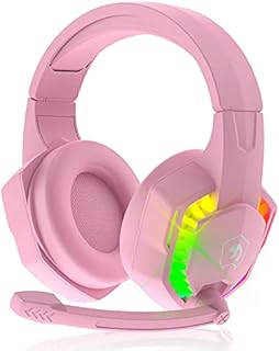 AJAZZ PC Headset, Gaming Headphones with Mic, Usb Gaming Headset Ps4, Backlit LED Headset 3D Surround Sound Noise Canceling Mic, RGB Wired Deep Bass Headset, for PS5, Laptop, Nintendo Switch (Pink)