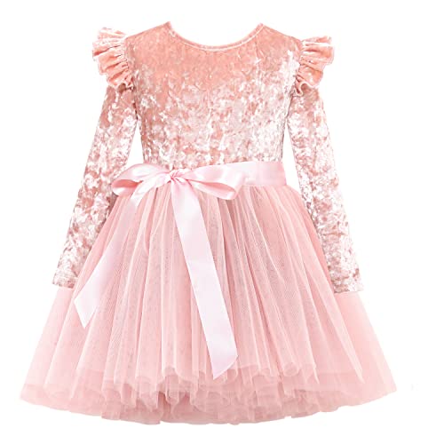 Flofallzique Toddler Girls Velvet Dress Long Sleeve Tulle Tutu Birthday Tea Party Princess Dresses 1-10Y