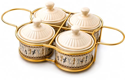 Set of 4 Ceramic Containers With Lid & Metal Rack - 5 Oz (150 ml) – Glazed Condiment Holders For Kitchen Counter, Food Storage Jars for Pickle, Dry Fruits, Sauces, Chutneys, Spices, Home Dining Decor