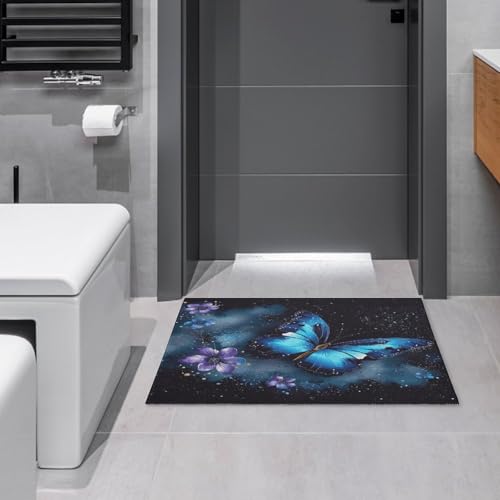 Tapis lavable antidérapant papillon bleu galaxie pour chambre