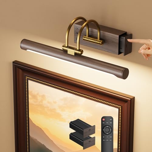 Picture Light, 12.6″ Wireless Battery Operated Rechargeable LED Wall Light with Remote, Dimmable Art Light with Timer, Adjustable Design, Wood Grain and Gold Finish for Frames and Bedroom Decor