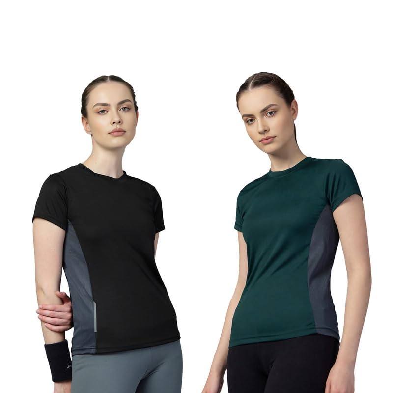 CHKOKKO Women's Polyester Dry Fit Solid Quick Dry Sports Half Sleeve Regular Fit Active Wear Gym Tshirt Round Crew Neck Breathable Side Mesh Panels for Running Workout and Fitness