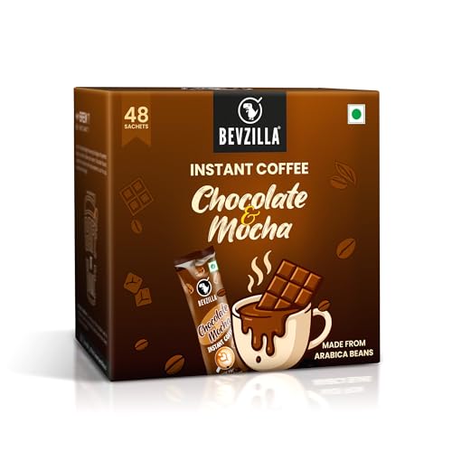 Bevzilla 48 Chocolate & Mocha Instant Coffee Powder Sachets | Arabica Beans with Chocolaty Twist | Perfect for Espresso, Latte & Cappuccino | Enjoy Ho