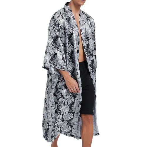 Men's Lightweight Kimono Robe Jacket Printed Japanese Style Bathrobes Casual Open Front Long Cardigan Coat Outwear
