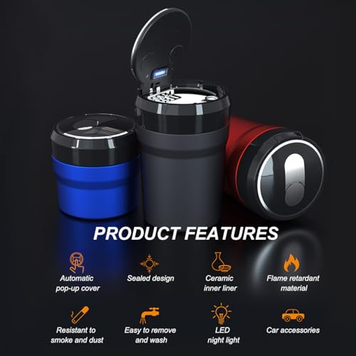 Image of DXNQ Car Ashtray with Lid, Easy Clean Up Detachable Smokeless Ashtray with LED Blue Light, Portable Mini Ash Tray Cup Holder for Car Home Office Travel, Interior Auto Accessories (Blue, Larger)