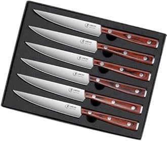 Premium Steak Knives Set of 6 in Gift Box - Polished Wood Handle, HC German Stainless Steel, Straight Edge Non Serrated - 4.8''Dinner Knife, Kitchen Tableware Knives Cutlery Set