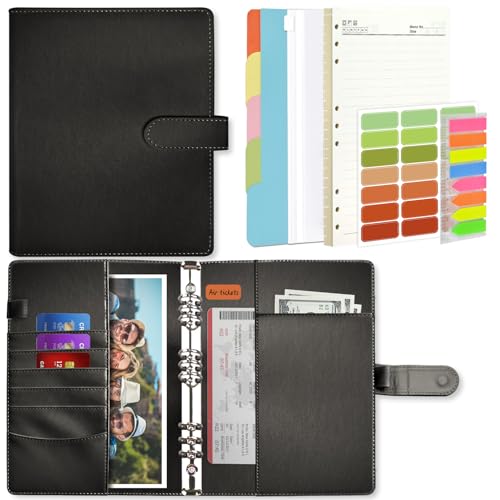 Mlife B5 Ring Binder Notebook Set - 9 Ring PU Leather Planner,5 PCS File Divider,45 Sheets B5 Loose Leaf Paper,Label Stickers,Index Tabs and Clear Cash Envelopes,Personal Organizer Binder（Black）