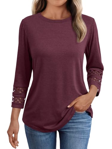 AUTOMET 3/4 Length Sleeve Womens Tops Crewneck Lace Tunic Business Casual Dressy Blouses Fall Trendy Outfits 2025