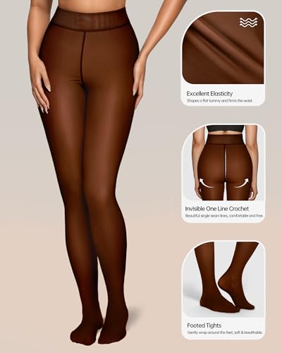 Image of OEAK Womens Fleece Lined Tights Sheer Fake Translucent Pantyhose Thermal Tights High Waisted Footed Leggings
