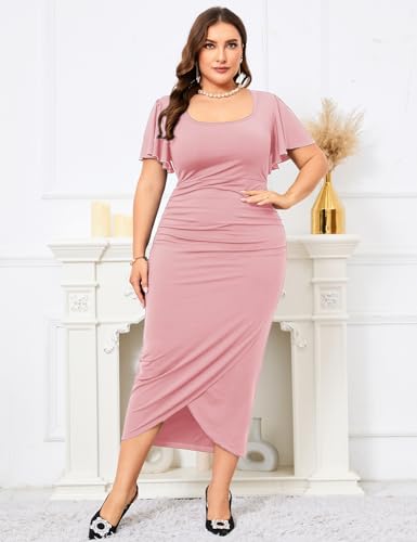 Image of ZOMVA 2024 Plus Size Cocktail Dress Comfortable Bell Sleeves Wedding Guest Square Neck Semi Formal