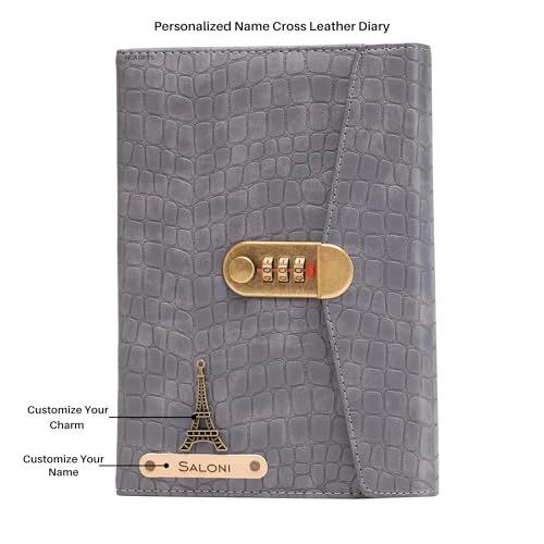 Image of AICA Personalized Name & Charm Leather Lock (Grey) Diary � A5 Size 230 Pages with Combination Lock for Men & Women | Customized Planner Diary College Birthday Gift for Teens Teenager Best Friends