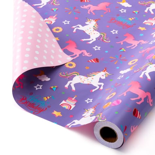 WERNNSAI Unicorn Princess Birthday Wrapping Paper - 16.4ft Purple Unicorn