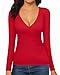 MANGOPOP Women's Cross Wrap Ruched Plunge Sexy Deep V Neck Slim Fit Long Sleeve T Shirt Tunic Tops Tee Red