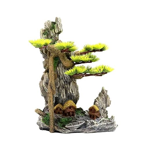 Aquarium Decoration Mountain, Resin Aquarium Hideout Stone Freshwater Ornament with Tree View Fish Tank Log Decorations Betta Decor for Small and Medium Tank