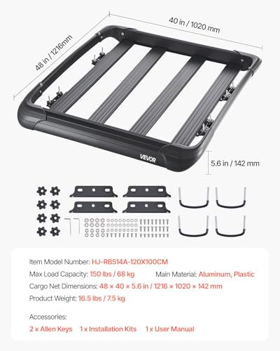 VEVOR Roof Rack Cargo Carrier, 48 x 40 x 5.6 in, Universal Rooftop Cargo Basket, Car Top Luggage Holder with 150 lbs Max Load Capacity, 4.1 in Fence, Anti-Rust Alloy Steel, Wind Fairing, for SUV Car - Thumbnail 7