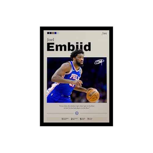 Image of BLINKART Joel Embiid | Nba Basketball Player | Synthetic Wood Photo Framed Wall Hanging Poster For Room & Office Bedroom Living Boys And Girl Room Home Wall Hanging | 12x18 Inches