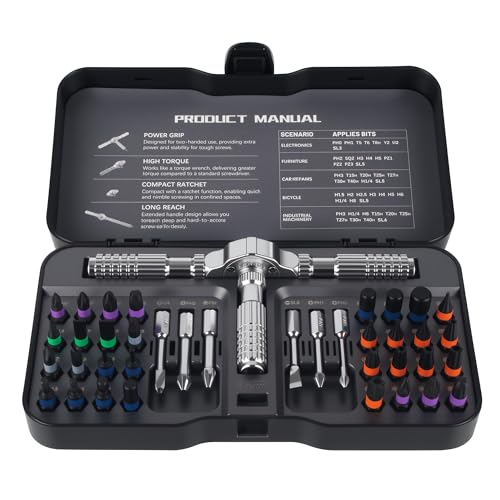 Nuangoo Juego de destornilladores de trinquete 40 en 1, con puntas de acero aleado S2, puntas magnéticas, mango de trinquete desmontable y kit de herramientas de mantenimiento universal