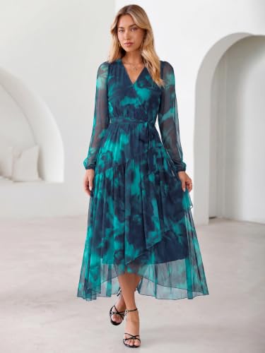 Simplee Women's Floral Long Sleeve Mesh Maxi Dress Fall V Neck Wrap High Low Swing Flowy Wedding Guest Dress Blue Green XL — view 5