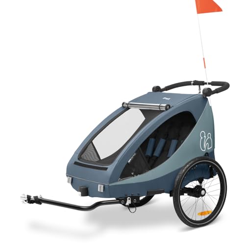 hauck Dryk Duo Plus, Dark Blue - 2in1 Fahrradanhänger & Buggy mit Federung für 2 Kinder ab 6 Monaten bis 22 kg/120 cm/4 Jahren, Faltbar, XL Stauraum, für Fahrrad, E-Bike & Pedelec