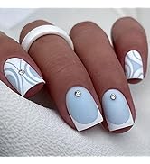SIXDIAN Blue Press on Nails Short Square Fake Nails White French Tip Stick on Nails Press on Shor...