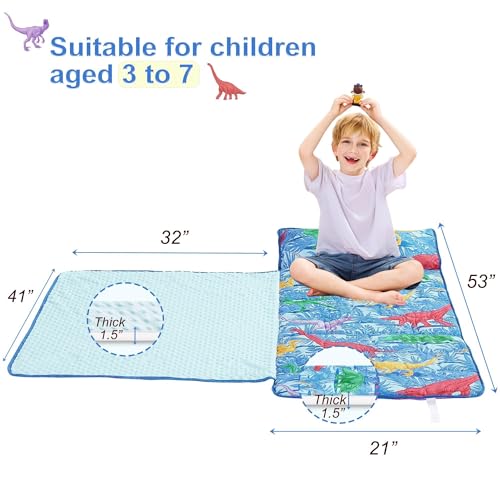 Image of Viviland Toddler Nap Mat with Pillow and Minky Blanket, Rolled Large Sleeping Mat for Boys, Kids Slumber Bag Nap Mat for Preschool, Daycare, Kindergarten, Travel Camping - Dinosar Adventure