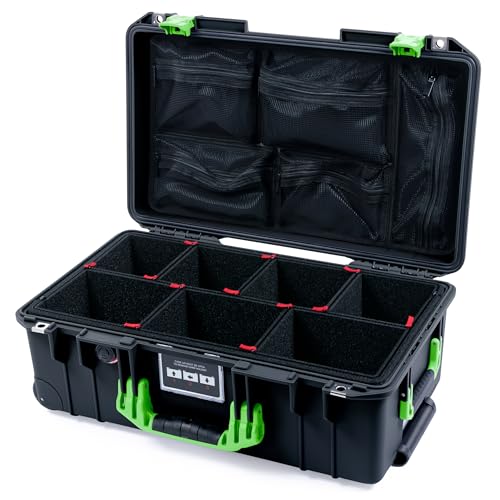 Pelican Air 1535 Carry-on Case by ColorCase - Black - Medium Size Waterproof Case with TrekPak Divider System & Mesh Lid Organizer - Lime Green Handles & Latches