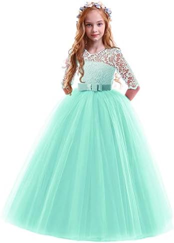 Pageant Princess Dress for Girl,Baby Toddler Kids Flower Maxi Dress Embroidery Tulle Lace Bridesmaid Dress Long A Line Formal Dance Evening Ball Gown Mint Green 7-8 Years