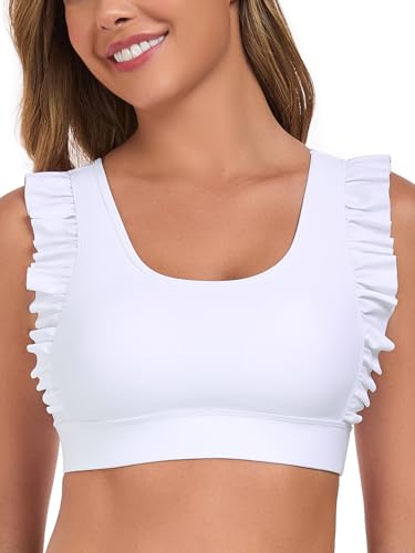 Ocean Blues Women's White Ruffle Bikini Top Supportive Bikini Top Longline Swimsuit Top Size Medium