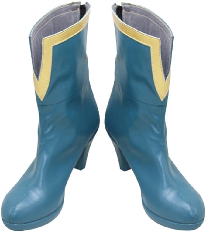 Yuancoser Teal Short Heeled Boots with Glod Top Trim Cosplay Shoes X002