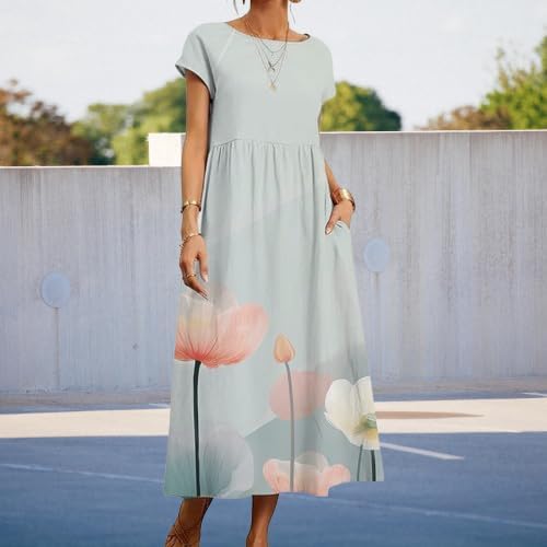 Boho Maxi Dress Floral Cap Sleeve High Waist Smocked Flowy Casual Church Summer Long Womens Tshirt Dress - Image 2
