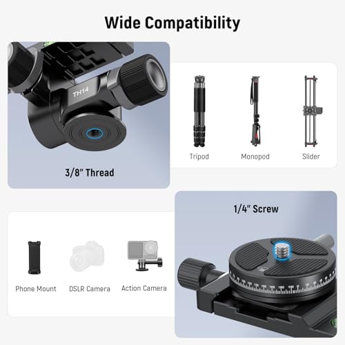 NEEWER 2 Way Geared Tripod Head with Millimeter Micro Adjustment, Aluminum Alloy Pan Tilt Head, 360° Panoramic Arca Type QR Plate Compatible with Sony Canon Nikon DSLR Cameras, Max Load 13.2lb, TH14 by NEEWER - Used condition - Image 7