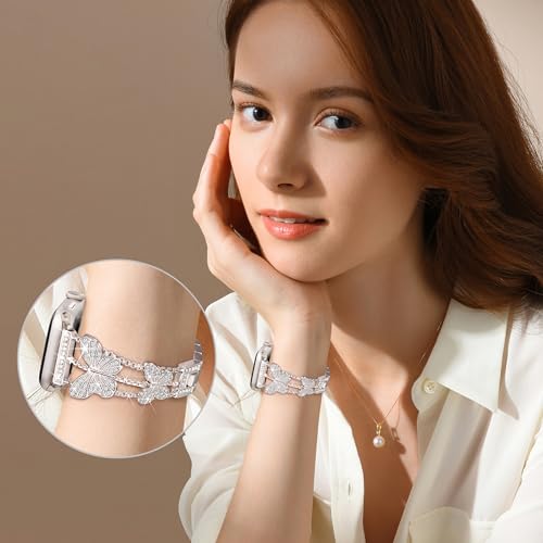 Image of Butterfly Band for Apple Watch Bands 44mm 45mm 46mm Starlight | Series 11 10 9 8 7 6 5 4 3 iWatch SE Ultra Band for Women, Slim Thin Metal Fancy Bling Dressy Strap for Apple Watch Band