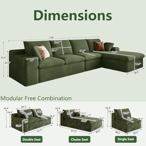 Image of 136 inch Cloud Couch Modular Sectional Sofa for Living Room, L-Shape Boneless Couch with Deep Seat, Modern Corduroy 4-Seater, No Assembly Required (Green,Right-Facing Chaise)