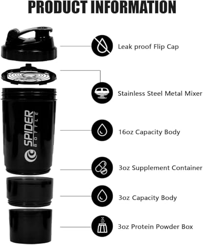 Roe Tenpo Protein Shaker Bottle 500ml with Extra Compartment | BPA-Free Protein Bottle Shaker for Protein Shakes | Leak Proof & Dishwasher Safe | Protein Shake Gym Bottles for Men & Women (Black) - Image 2