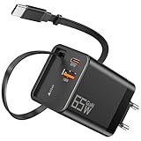 65W GaN Schnellladegerät Kompatibel mit MacBook Pro/Air, 3-Port USB C Netzteil mit Integriertem Einziehbarem Kabel, Kompakter Ladeadapter für iPhone 17/16/15, iPad, Samsung Galaxy, Reisezubehör