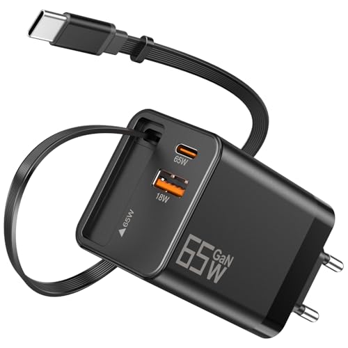65W GaN Schnellladegerät Kompatibel mit MacBook Pro/Air, 3-Port USB C Netzteil mit Integriertem Einziehbarem Kabel, Kompakter Ladeadapter für iPhone 17/16/15, iPad, Samsung Galaxy, Reisezubehör