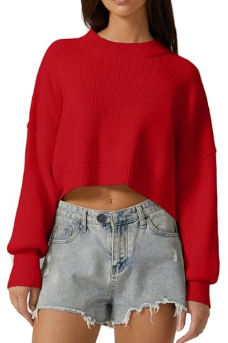 QINSEN Women's Mock Neck Cropped Sweater Long Sleeve Drop Shouler Oversized Knit Pullover Tops Red S