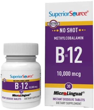 Superior Source No Shot Vitamin B12 Methylcobalamin 10000 mcg, Quick Dissolve MicroLingual Tablets, 30 Count, Active Form of B12, Supports Energy Production, Nervous System Support, Non-GMO