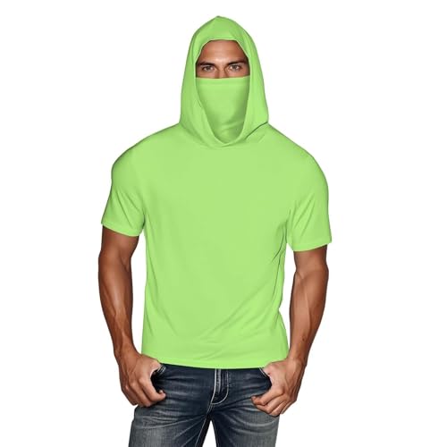 Sudadera con capucha de manga corta con protección solar UPF 50+ para hombre, color gris, de secado rápido, con máscara facial integrada, camisa ligera y transpirable para pesca al aire libre