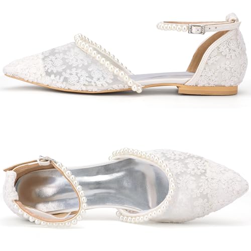 Women's Pearl Lace Ivory Pointed Toe Wedding Flat Bride Dress Shoes2