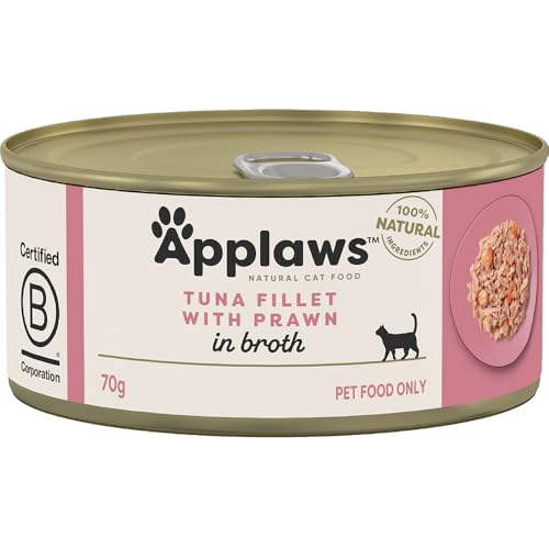 Applaws 100% Natural Wet Cat Food Tuna Fillet with Prawns in Broth, Limited Ingredients Pet Food 70g Tin (Pack of 24)
