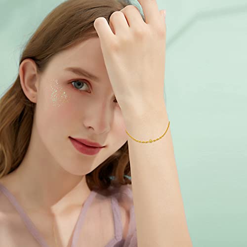 18Kt Real Gold Link Chain Bracelet, Dainty Yellow Gold Italian Wheat Chain Bracelets With Bead Jewelry Anniversary Mother's Day Gift For Women, Girls, 6.3"-7.1" #TOP1