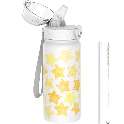 Image of GOPPUS 550ml/18oz Kids Insulated Water Bottle with Straw Cute Double Wall Stainless Steel Child's Small Flask Vacuum Insulated Steel Metal Leak Proof Drink Flask Boys Toddler Girls Bottles BPA-Free