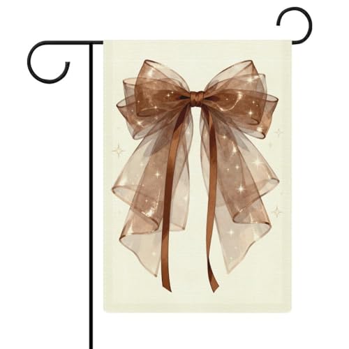 Glittering Cocoa Bow Garden Flag 12x18 Inch, Double Sided Outdoor Sign for Home Farmhouse Yard Decoration