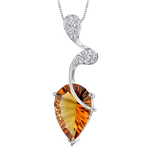 Peora 3.87 Carats Citrine And Diamond Teardrop Pendant 14K White Gold, Genuine Gemstone, Large Pear Shape 15X10Mm, With 18 Inch Chain #TOP17