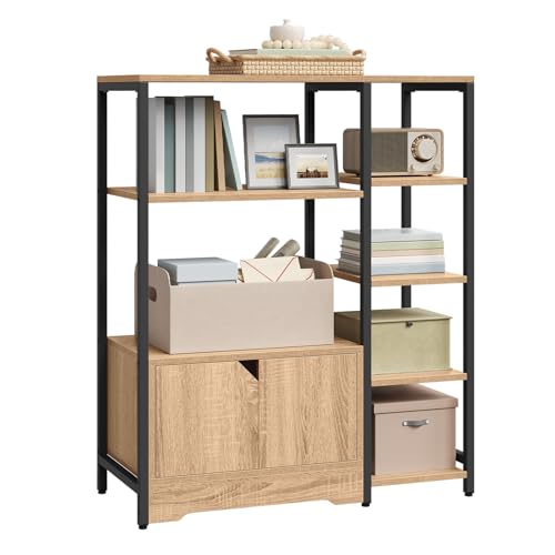 WOLTU Bücherregal, Standregal, Bücherschrank mit Türen, für Wohnzimmer Schlafzimmer Küche, Industrial, Metallrahmen, 80x97x35 cm, schwarz+helle Eiche, RGB08hei