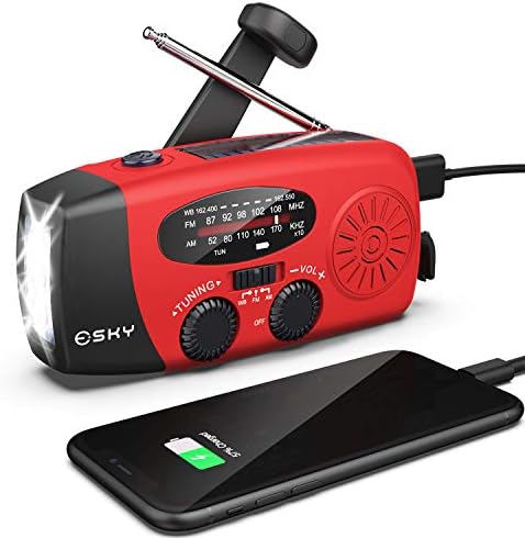 Emergency Hand Crank Radio with 3 LED Flashlight, Esky AM/FM/NOAA Portable Weather Radio with 2000mAh Power Bank Phone Charger, Solar Powered USB Charged Radio for Indoor Outdoor Camping, SOS Alarm