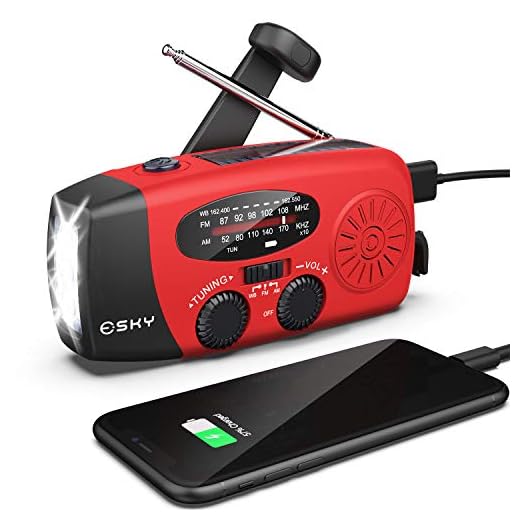 Esky [Upgraded Version] Portable Emergency Weather Radio Hand Crank Self Powered AM/FM/NOAA Solar Radios with 3 LED Flashlight 1000mAh Power Bank Phone Charger (Red)