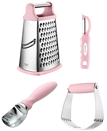 Ultimate Kitchen Essentials Bundle - Medium Dough Blender, Xl Box Grater, Swivel Peeler And Ice Cream Scoop, Pink Lemonade #TOP22