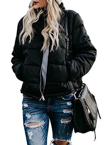 Dokotoo Womens Coats Plus Size Winter Ladies Solid Long Sleeve Zip Up Open Front Stand Collar Pocketed Casual Classic Quilted Puffer Short Bomber Padded Jackets Outerwear Coats Black Large
